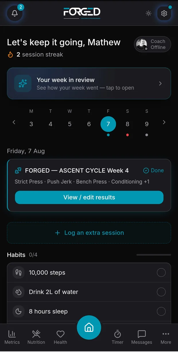 The Protocol athlete app home screen